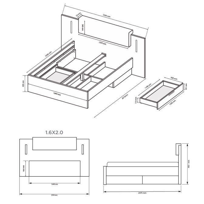 Кровать с ящиками для белья 1,6х2,0 Дони / Doni MiroMark DN-36-GT