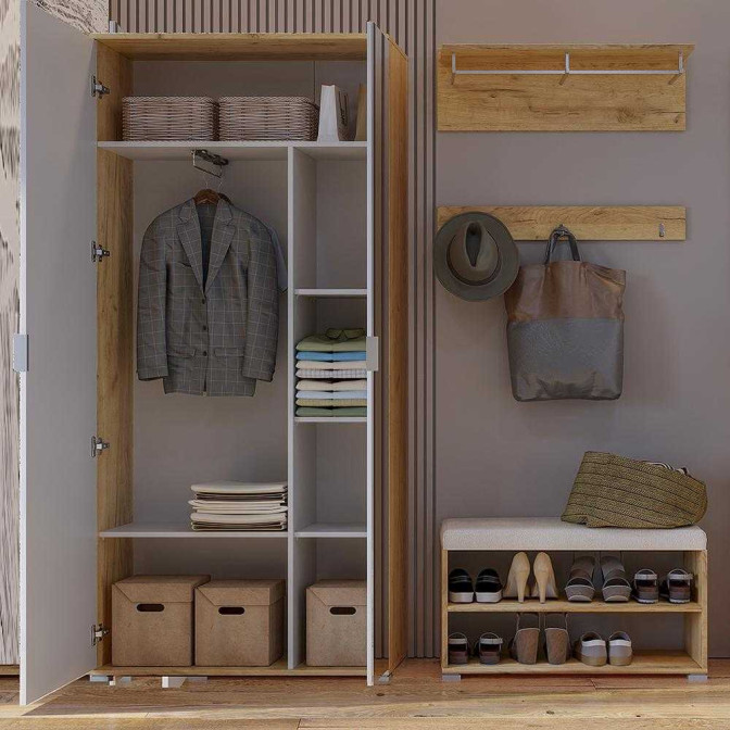 Комплект в прихожую Асти / Asti Глянец Белый - Дуб Крафт Шкаф 2Дв с зеркалом, Пуфик, Вешалка MiroMark