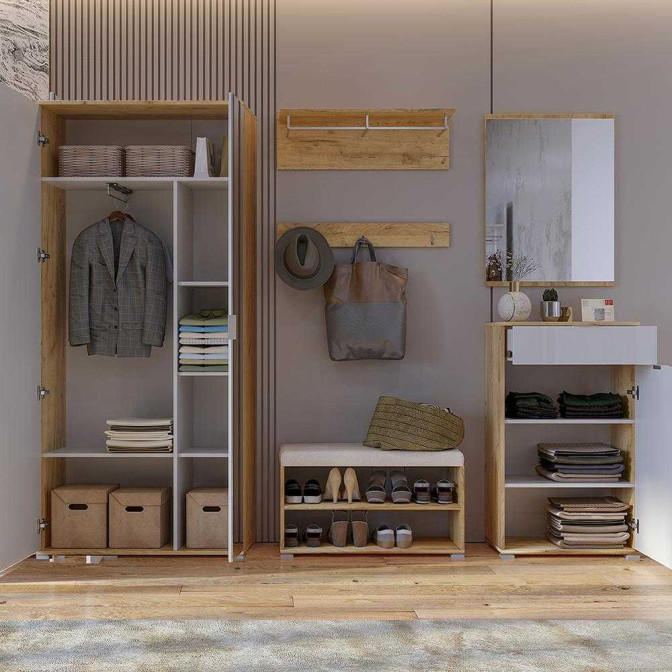 Комплект в прихожую Асти / Asti Глянец Белый - Дуб Крафт Шкаф 2Дв с зеркалом, Пуфик, Вешалка, Комод 1Дв 1Ящ, Зеркало 600 MiroMark