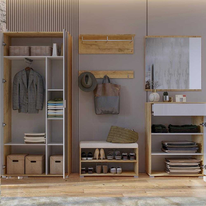 Комплект у передпокій Асті / Asti Глянець Білий - Дуб Крафт Шафа 2Дв з дзеркалом, Пуфік, Вішалка, Комод 2Дв 1Ящ, Дзеркало 800 MiroMark