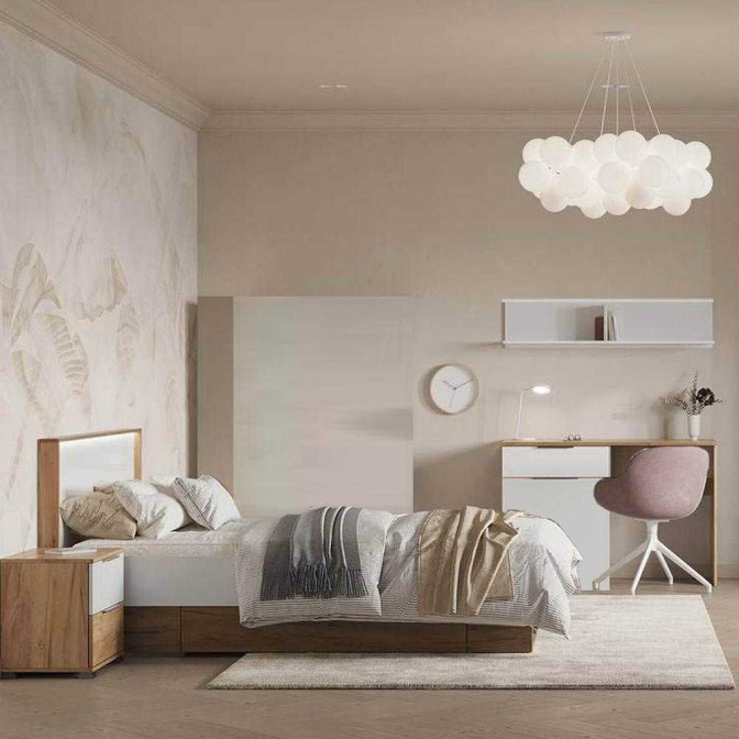 Комплект в Детскую спальню Асти Джуниор / Asti Junior Дуб Крафт - Глянец Белый Тумба, Кровать, Стол, Полочка MiroMark