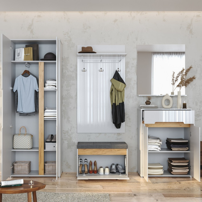 Комплект в прихожую Стелла / Stella Глянец Белый Шкаф 2Дв, Вешалка, Тумба 1Дв, Комод 2Дв 1Ящ, Зеркало MiroMark