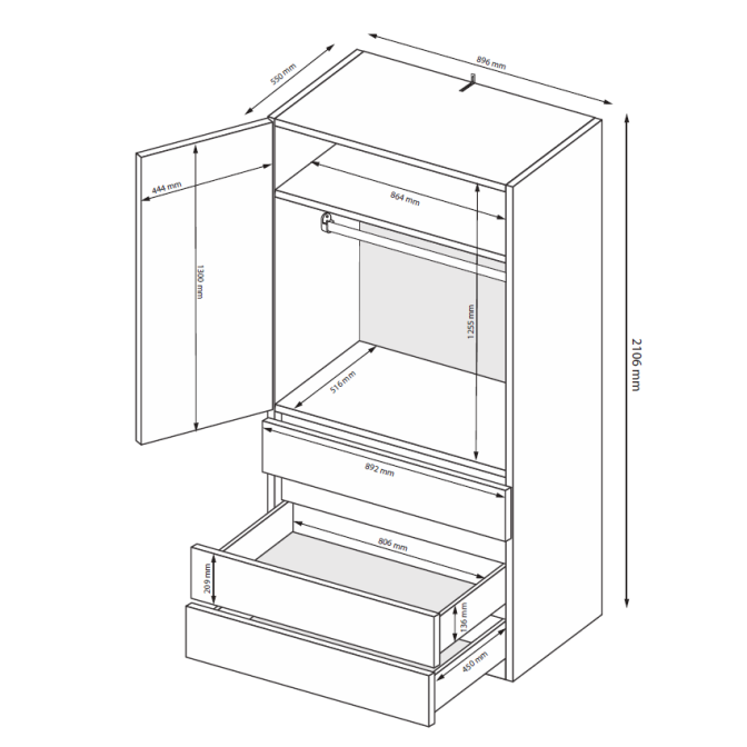 Шкаф 2Дв 3Ящ Тео / Teo Мат Антрацит-Мат Графит MiroMark TO-21-AG