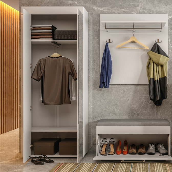 Комплект у передпокій Аманда / Amanda Глянець Біла Шафа 2Дв, Тумба1Дв, Вішалка, Опція М'яка частина Тумби 1Дв MiroMark