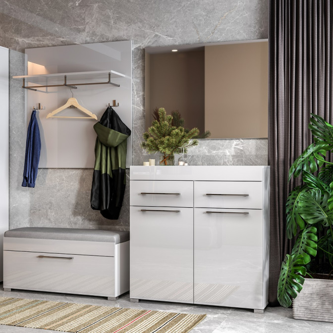 Комплект в прихожую Аманда / Amanda Глянец Белый Комод 2Дв 2Ящ, Зеркало, Тумба1Дв, Вешалка, Опция Мягкая часть Тумбы 1Дв MiroMark