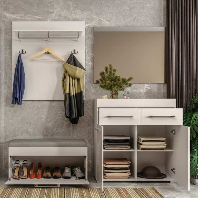 Комплект в прихожую Аманда / Amanda Глянец Белый Комод 2Дв 2Ящ, Зеркало, Тумба1Дв, Вешалка, Опция Мягкая часть Тумбы 1Дв MiroMark