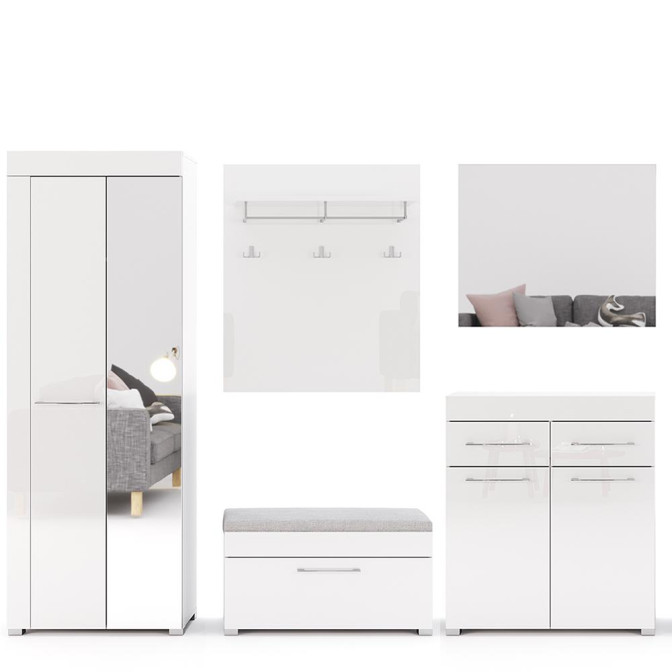 Комплект в прихожую Аманда / Amanda Глянец Белый Шкаф 2Дв, Зеркало, Комод 2Дв 2Ящ, Тумба 1Дв, Вешалка, Опция Мягкая часть Тумбы 1Дв MiroMark