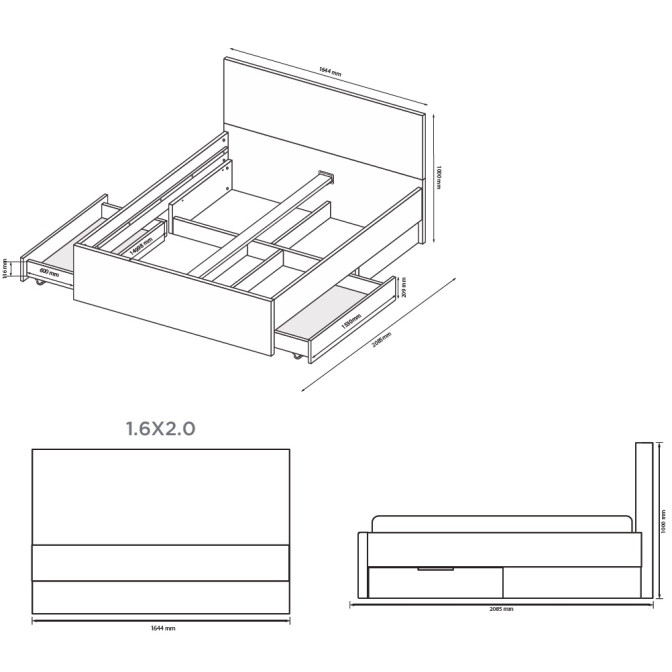 Кровать с ящиками для белья 1,6х2,0 Тибо / Tibo Супер Мат Белый MiroMark TB-36-WM