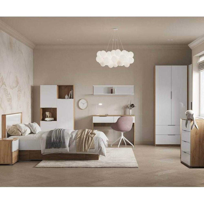 Комплект в Детскую спальню Асти Джуниор / Asti Junior Дуб Крафт - Глянец Белый Комод, Пенал 3Дв, Шкаф, Тумба, Кровать, Столик, Полочка MiroMark