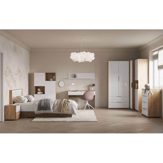 Комплект в Детскую спальню Асти Джуниор / Asti Junior Дуб Крафт - Глянец Белый Комод, Пенал 2Дв-3Дв, Шкаф, Тумба, Кровать, Столик, Полочка MiroMark