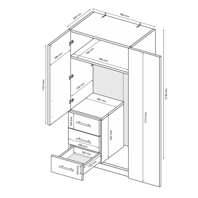 Шафа 2Дв 3Ящ Магнум / Magnum Глянець Білий MG-12-WB
