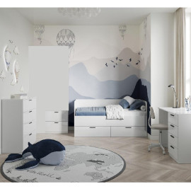 Комплект в Дитячу спальню Хеппі / Happy Глянець Білий Ліжко, Тумба, Стіл 4Ящ, Комод 4Ящ MiroMark