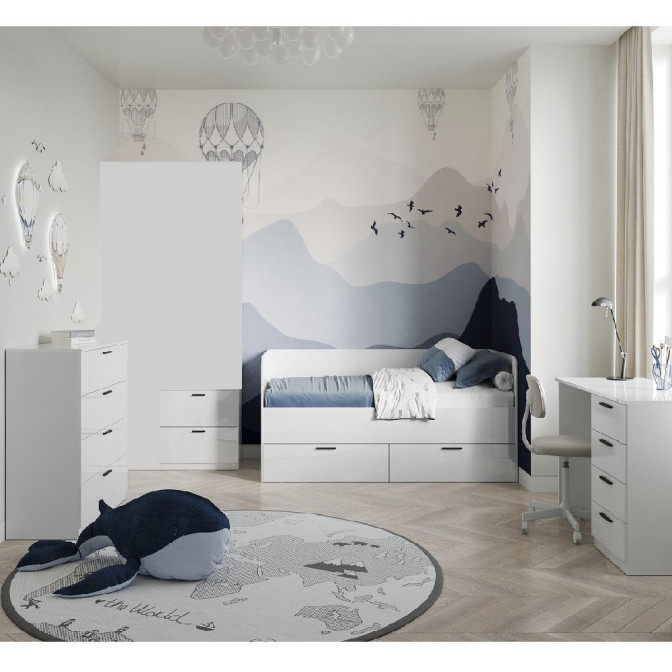 Комплект в Детскую спальню Хеппи / Happy Глянец Белый Кровать, Тумба, Стол 4Ящ, Комод 4Ящ MiroMark