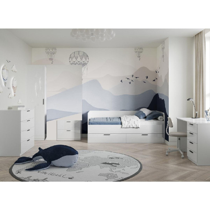 Комплект в Детскую спальню Хеппи / Happy Глянец Белый Шкаф 1Дв, Кровать, Тумба, Стол 4Ящ, Комод 4Ящ MiroMark