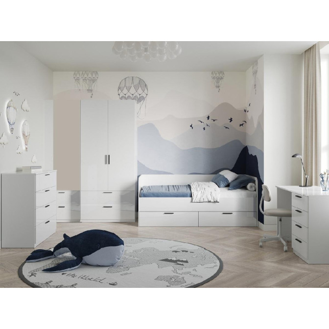 Комплект в Дитячу спальню Хеппі / Happy Глянець Біла Шафа 2Дв 2Ящ, Тумба, Ліжко, Стіл 4Ящ, Комод 4Ящ MiroMark