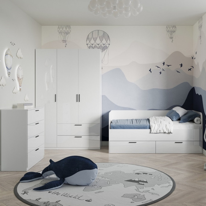 Комплект в Дитячу спальню Хеппі / Happy Глянець Біла Шафа 2Дв 2Ящ, Шафа 1Дв, Ліжко, Комод 4Ящ MiroMark