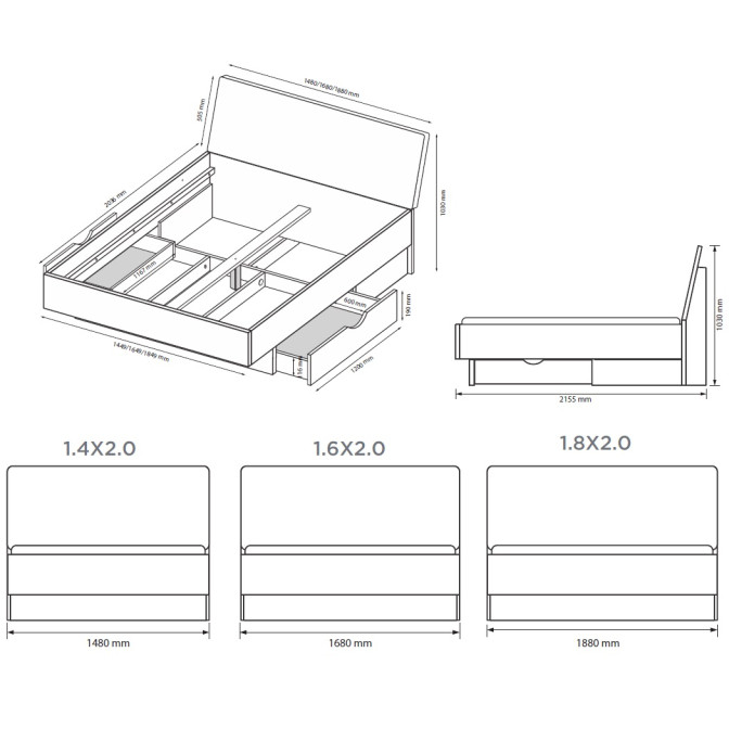 Кровать Тео с мягким изголовьем и ящиками MiroMark купить
