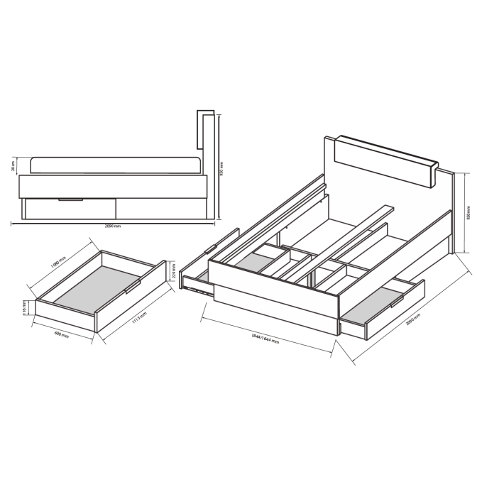 Ліжко з ящиками для білизни без каркаса 180*200 Місяць / Luna Дуб Крафт – Мат Лава MiroMark LN-38-LV