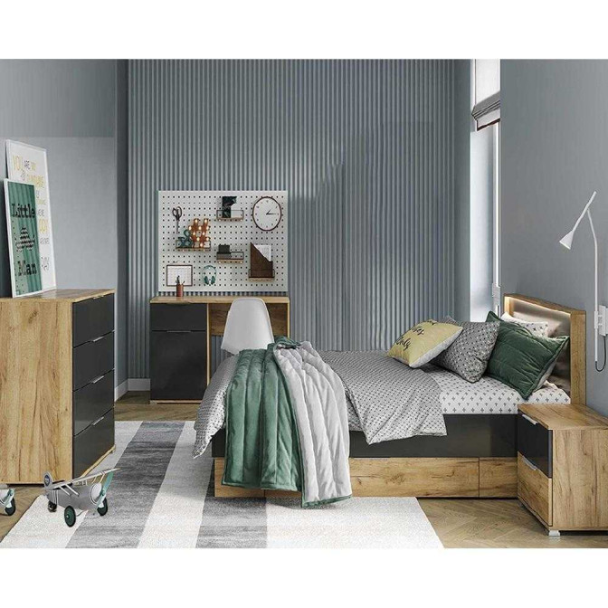 Комплект в Дитячу спальню Місяць Джуніор / Luna Junior Дуб Крафт - Мат Лава Комод 4Ящ, Стіл 1Дв 1Ящ, Ліжко, Тумба 2Ящ MiroMark