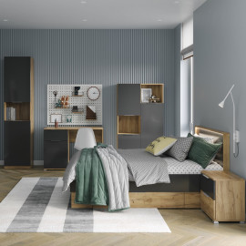 Комплект в Дитячу спальню Місяць Джуніор / Luna Junior Дуб Крафт - Мат Лава Пенал 2Дв, Стіл 1Дв 1Ящ, Ліжко, Пенал 3Дв, Тумба 2Ящ MiroMark