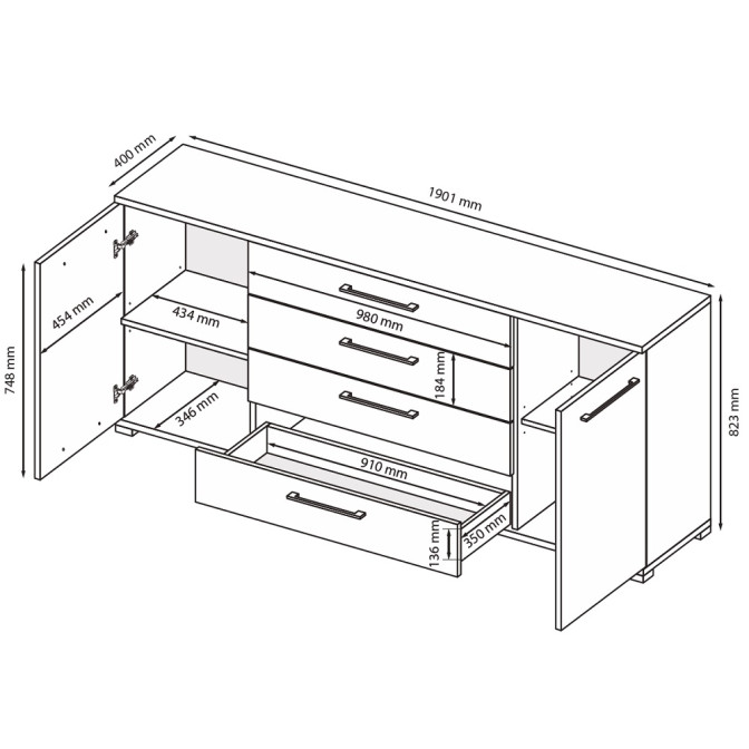 Комод 2Дв 4Ящ 1,9м Фемелі / Family Глянець Білий MiroMark FM-169-WB