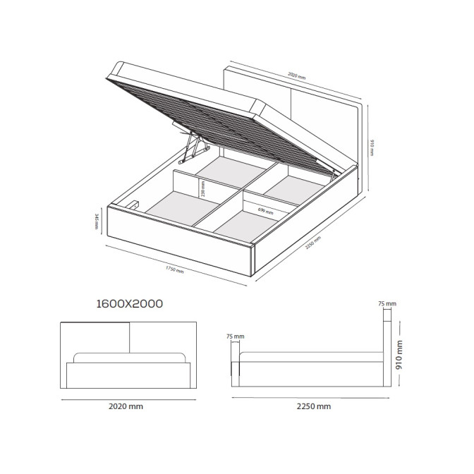 Ліжко М'яка оббивка з каркасом Підйомний механізм 1,6x2,0 Дуо / Duo Графіт 21 MiroMark DU-46-WM