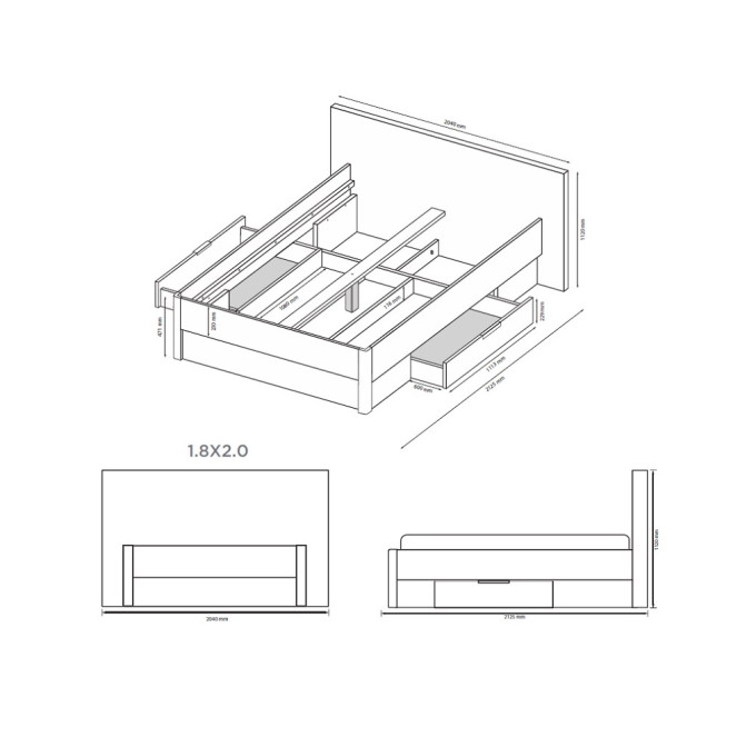 Ліжко з ящиками для білизни без каркаса 1,8х2,0 Реймонд / Raymond Дуб Артизан MiroMark RN-38-MA