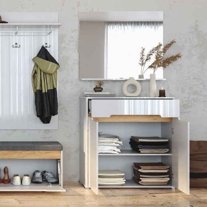 Комплект в прихожую Стелла / Stella Глянец Белый Комод 2Дв 1Ящ, Зеркало MiroMark