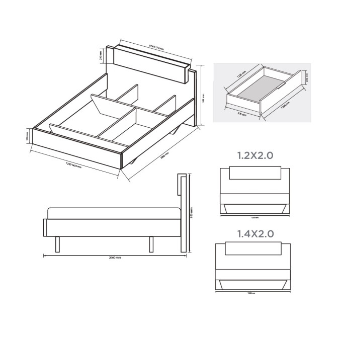 Кровать без каркаса 1,4*2,0 Асти / Asti Глянец Белый - Дуб Крафт MiroMark AS-34-WB
