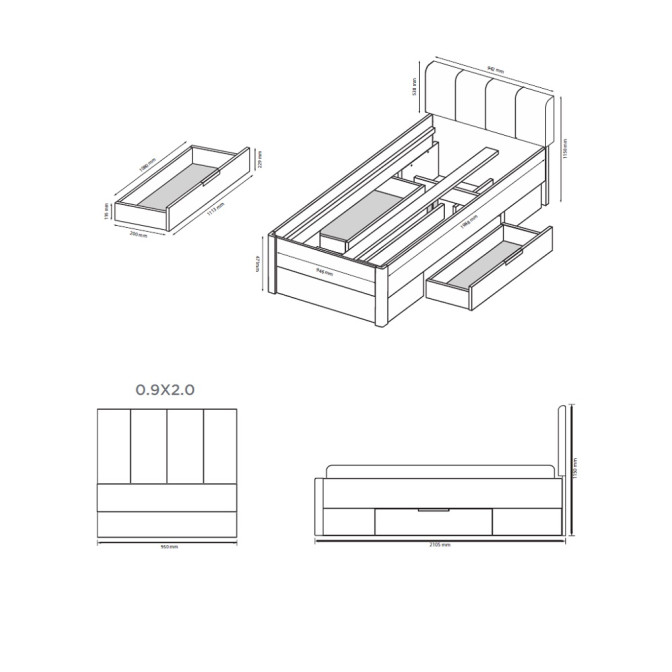 Кровать с ящиками для белья 0,9х2,0 Тедди / Teddy Дуб Артизан MiroMark TD-31-OA