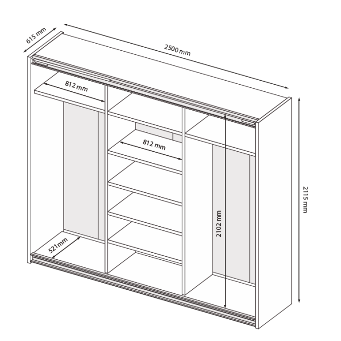 Шкаф-купе с зеркалом 2,5х2,1 Меги / Megy Глянец Шиншила Серая MiroMark MG-25-GG
