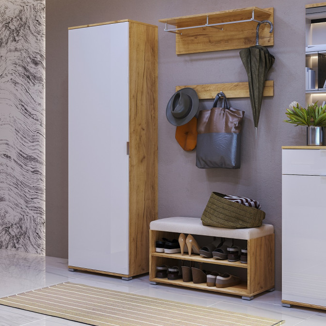 Комплект в прихожую Асти / Asti Глянец Белый - Дуб Крафт Шкаф 1Дв, Пуфик, Вешалка MiroMark