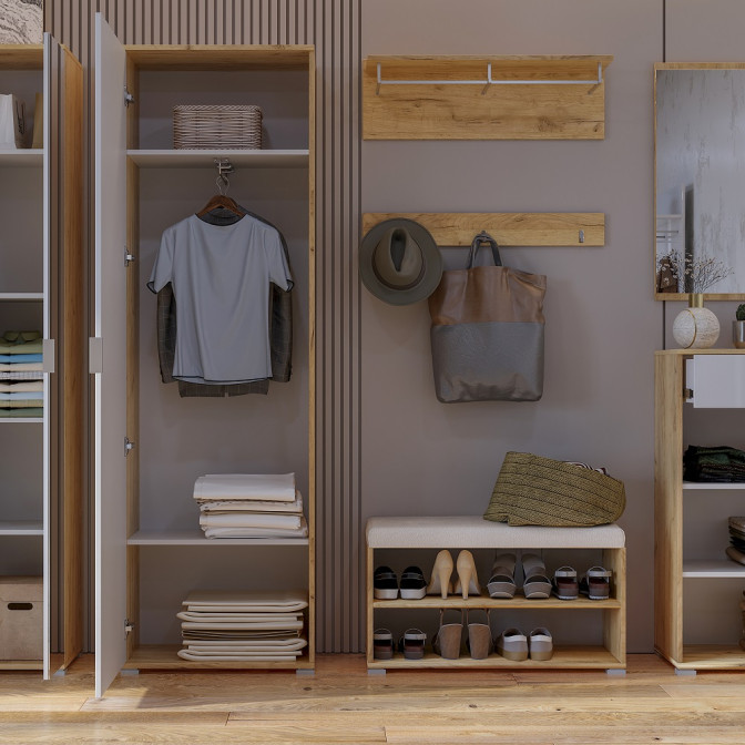 Комплект в прихожую Асти / Asti Глянец Белый - Дуб Крафт Шкаф 1Дв, Пуфик, Вешалка MiroMark