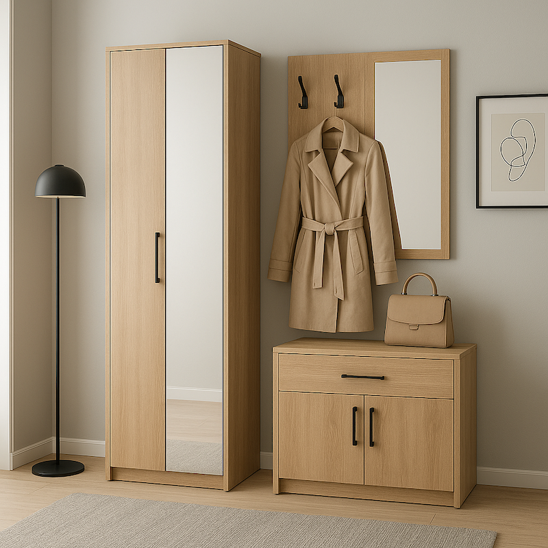 Сучасний передпокій з дзеркалом та тумбою для взуття